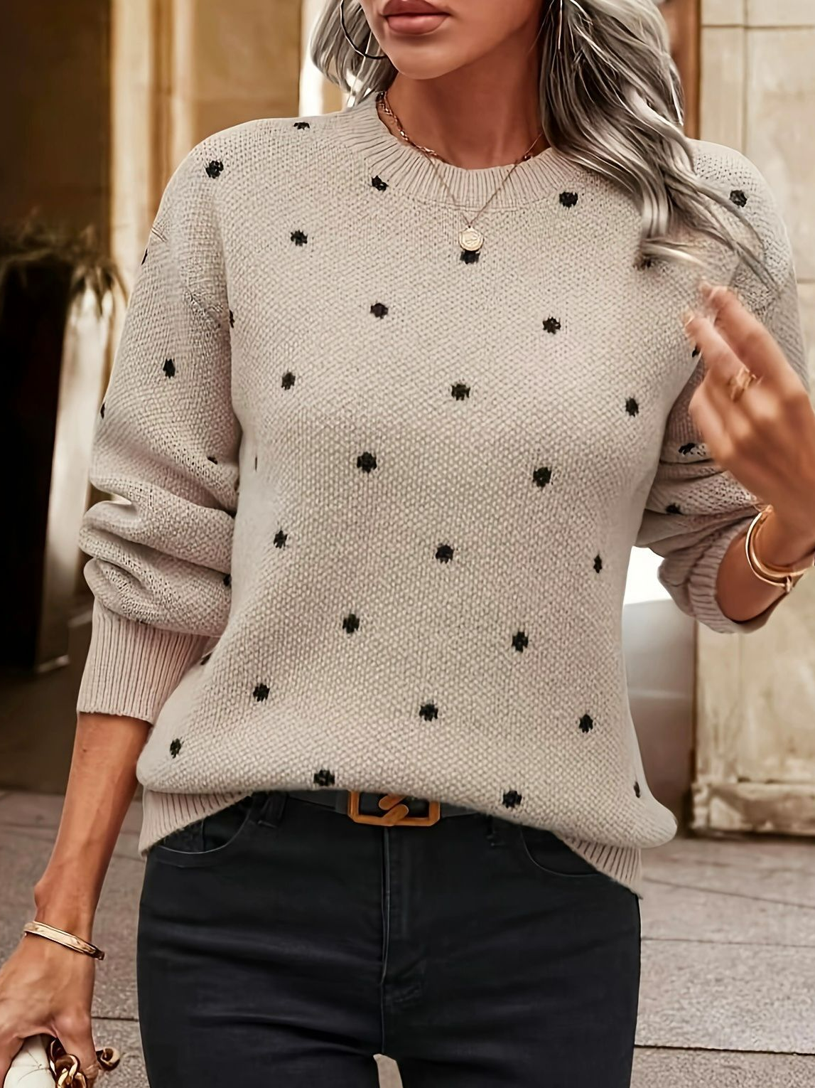 Damen Winter Polka Dots Lässig Langarm Rundhals Wolle/Stricken Pullover