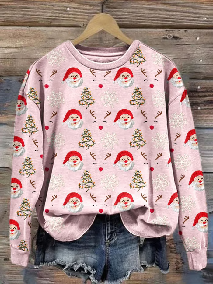 Damen Rundhals Weihnachtsmann Print Lässig Frühling/Herbst Langarm Sweatshirt