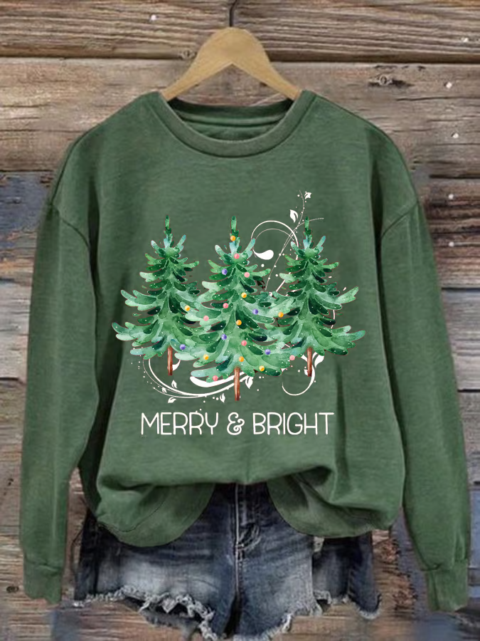 Damen Rundhals Weihnachtsbaum Print Lässig Frühling/Herbst Langarm Sweatshirt