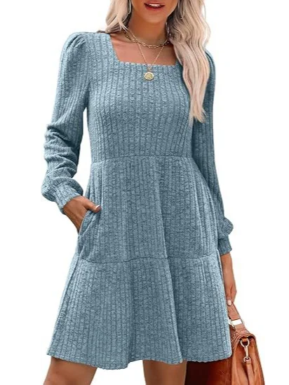 Damen Langarm Frühling/Herbst Unifarben Kleid Rundhals Täglich Ausgehen Lässig Mini A-Linien