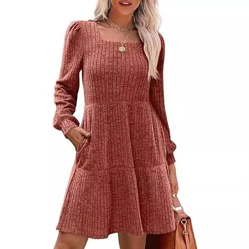 Damen Langarm Frühling/Herbst Unifarben Kleid Rundhals Täglich Ausgehen Lässig Mini A-Linien