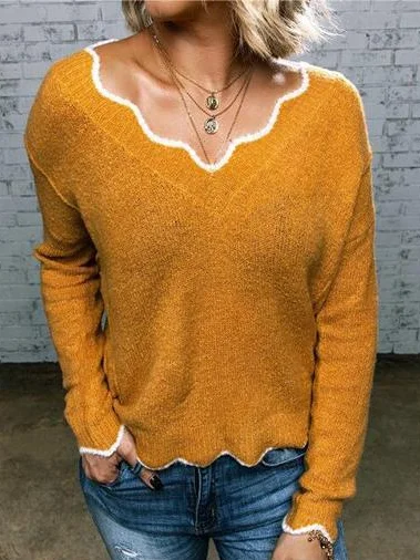 Damen Frühling/Herbst Unifarben Retro Langarm V-Ausschnitt Strickpullover