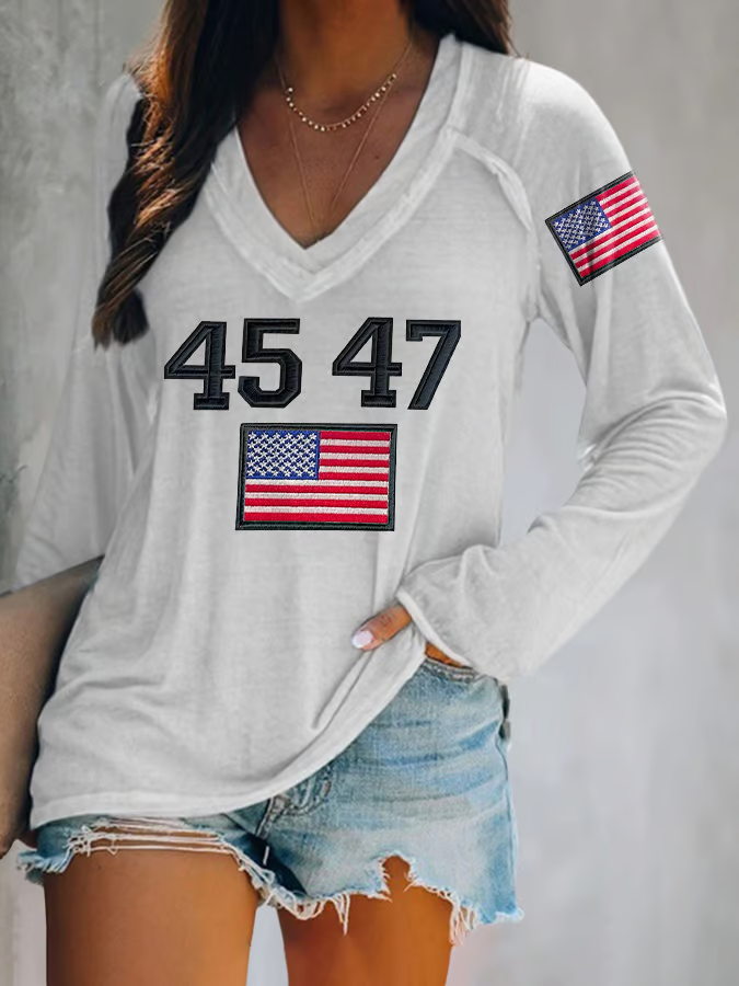 Damen Langarm T-Shirts T-Shirt Frühling/Herbst Textbriefe V-Ausschnitt Lässig Oberteile
