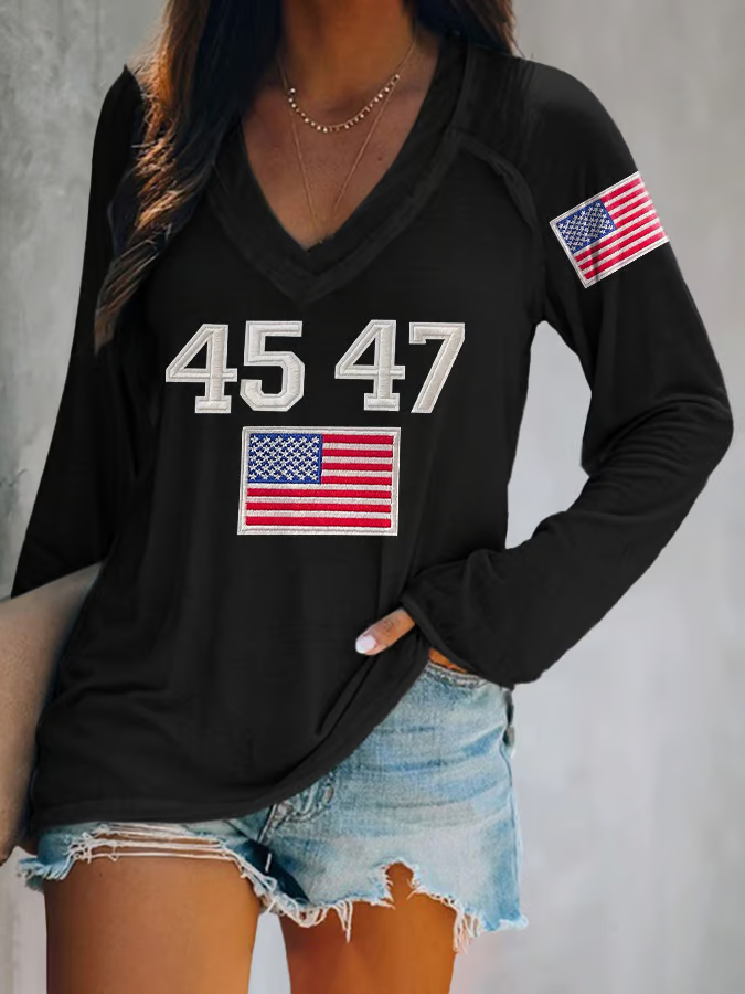 Damen Langarm T-Shirts T-Shirt Frühling/Herbst Textbriefe V-Ausschnitt Lässig Oberteile