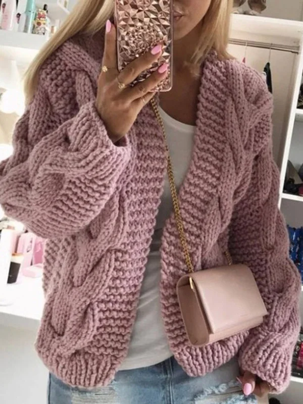 Pullover Strickjacken Damen Lässig Unifarben Langarm Kapuze Mantel Weit Coat Frühling/Herbst