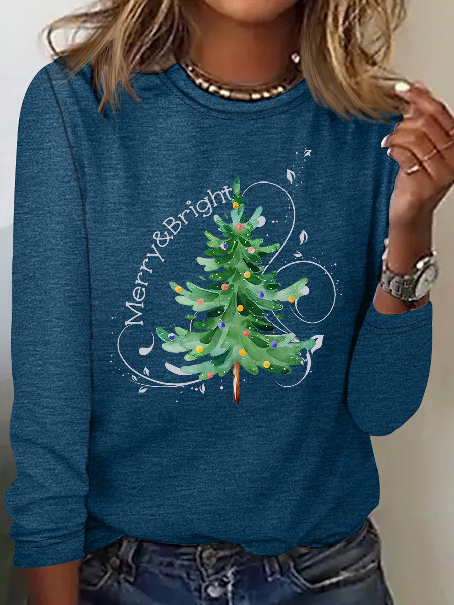 Damen Langarm T-Shirts T-Shirt Frühling/Herbst Weihnachtsbaum Baumwollmischung Rundhals Täglich Ausgehen Lässig Oberteile