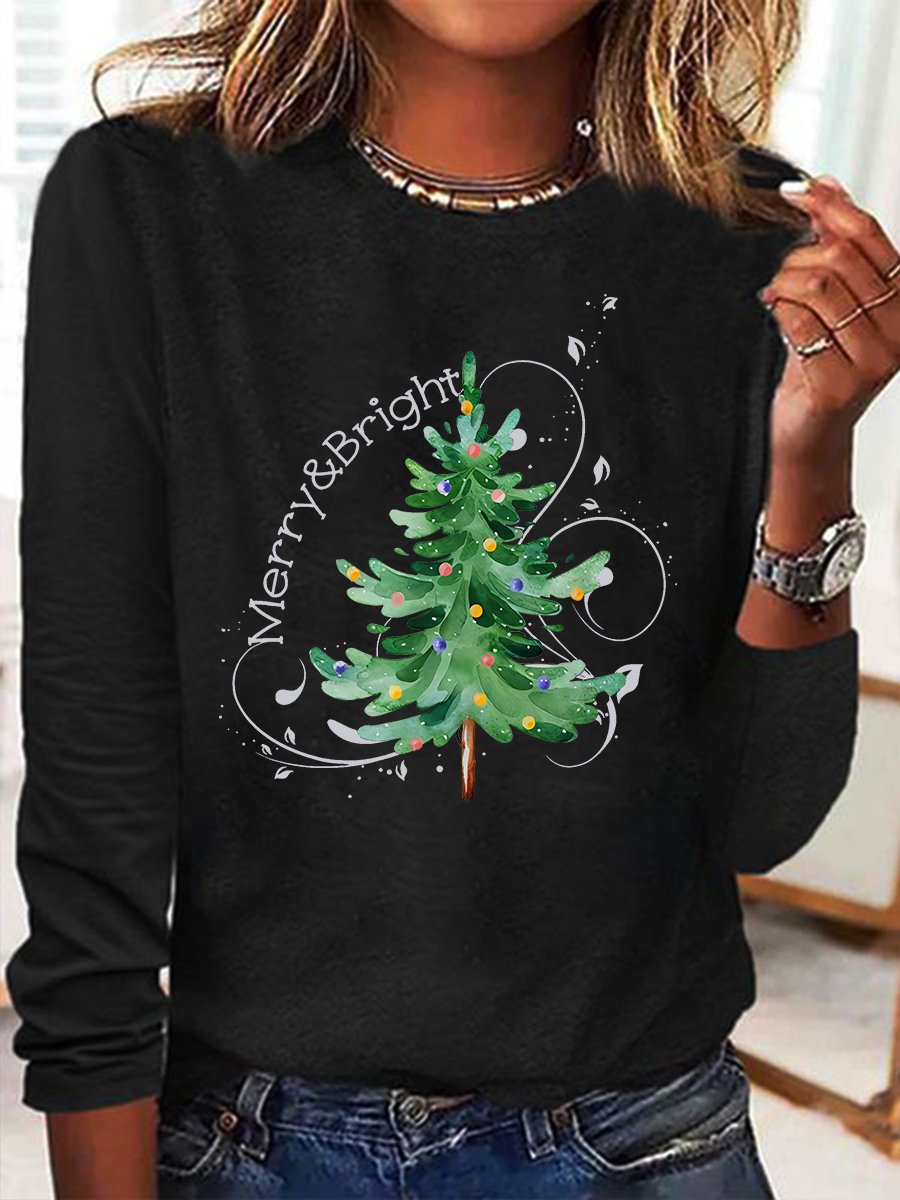 Damen Langarm T-Shirts T-Shirt Frühling/Herbst Weihnachtsbaum Baumwollmischung Rundhals Täglich Ausgehen Lässig Oberteile