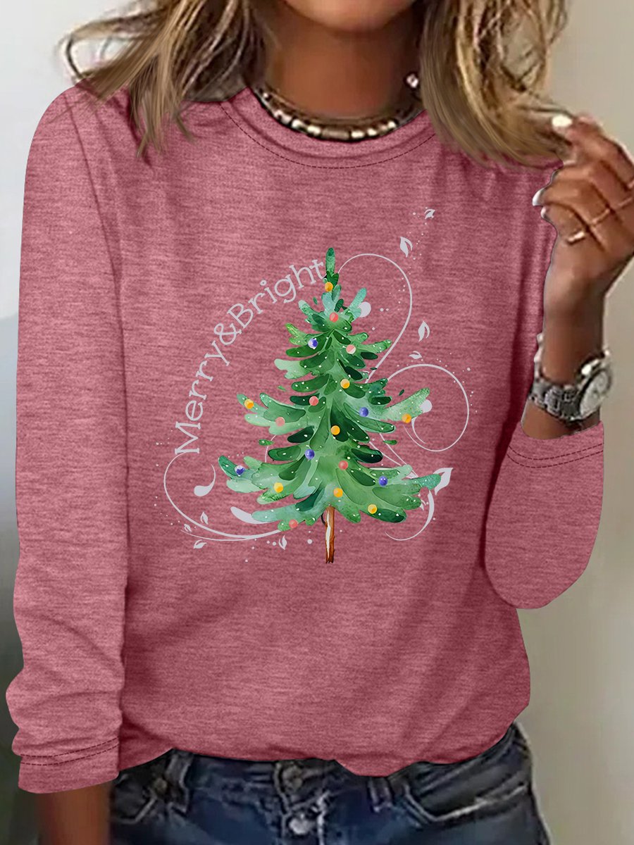 Damen Langarm T-Shirts T-Shirt Frühling/Herbst Weihnachtsbaum Baumwollmischung Rundhals Täglich Ausgehen Lässig Oberteile