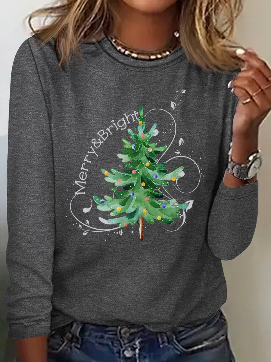 Damen Langarm T-Shirts T-Shirt Frühling/Herbst Weihnachtsbaum Baumwollmischung Rundhals Täglich Ausgehen Lässig Oberteile