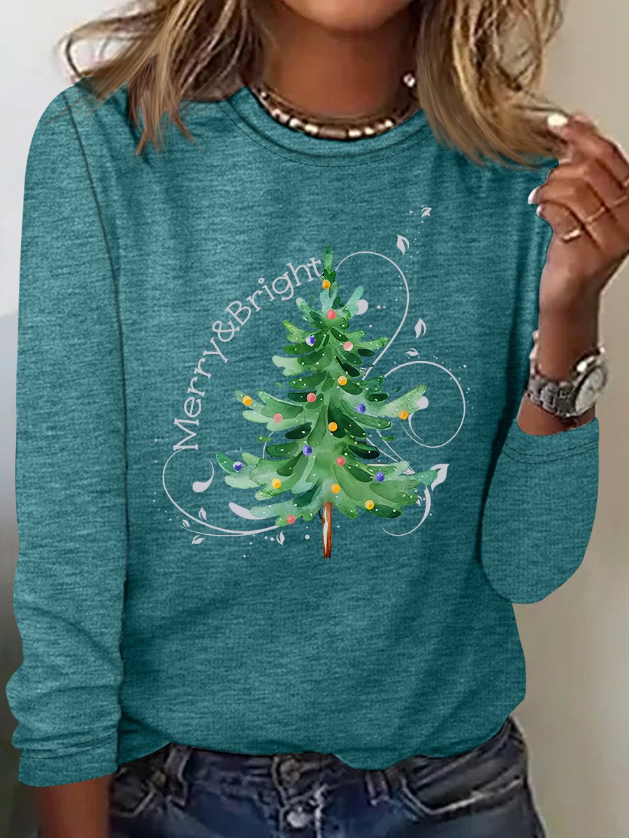 Damen Langarm T-Shirts T-Shirt Frühling/Herbst Weihnachtsbaum Baumwollmischung Rundhals Täglich Ausgehen Lässig Oberteile