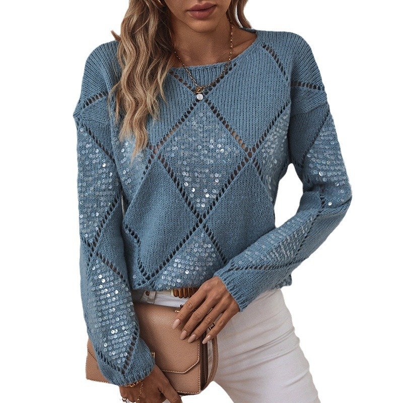 Damen Glitzernd Frühling/Herbst Unifarben Lässig Langarm Rundhals Wolle/Stricken Pullover