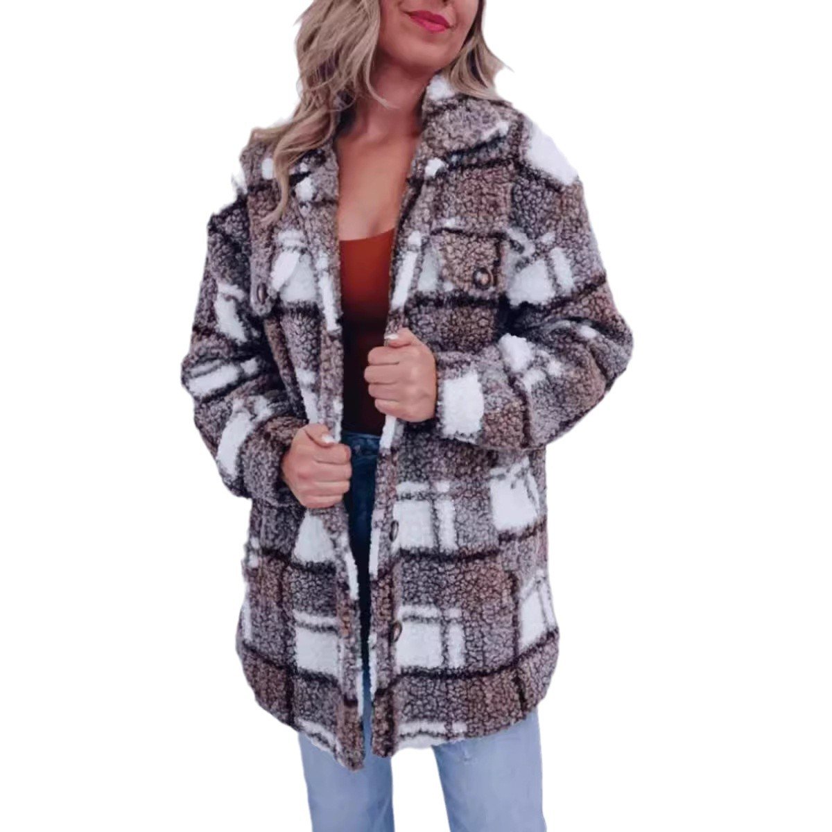 Damen Herbst Oberbekleidung Lässig Teddy Samt Kariert Langarm Schalkragen Jacke