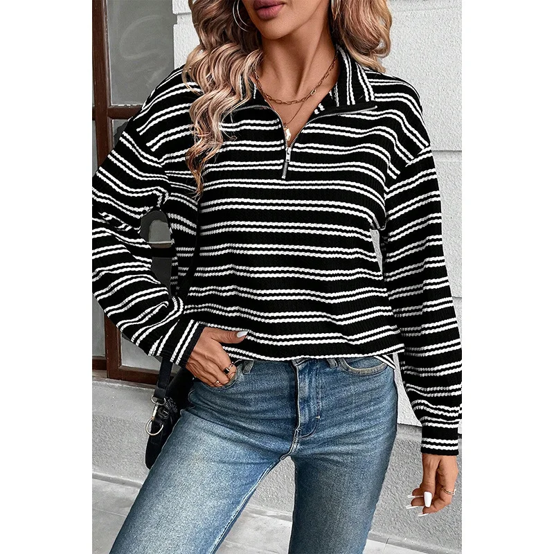 Damen Schalkragen Gestreift Reißverschluss Lässig Frühling/Herbst Langarm Sweatshirt