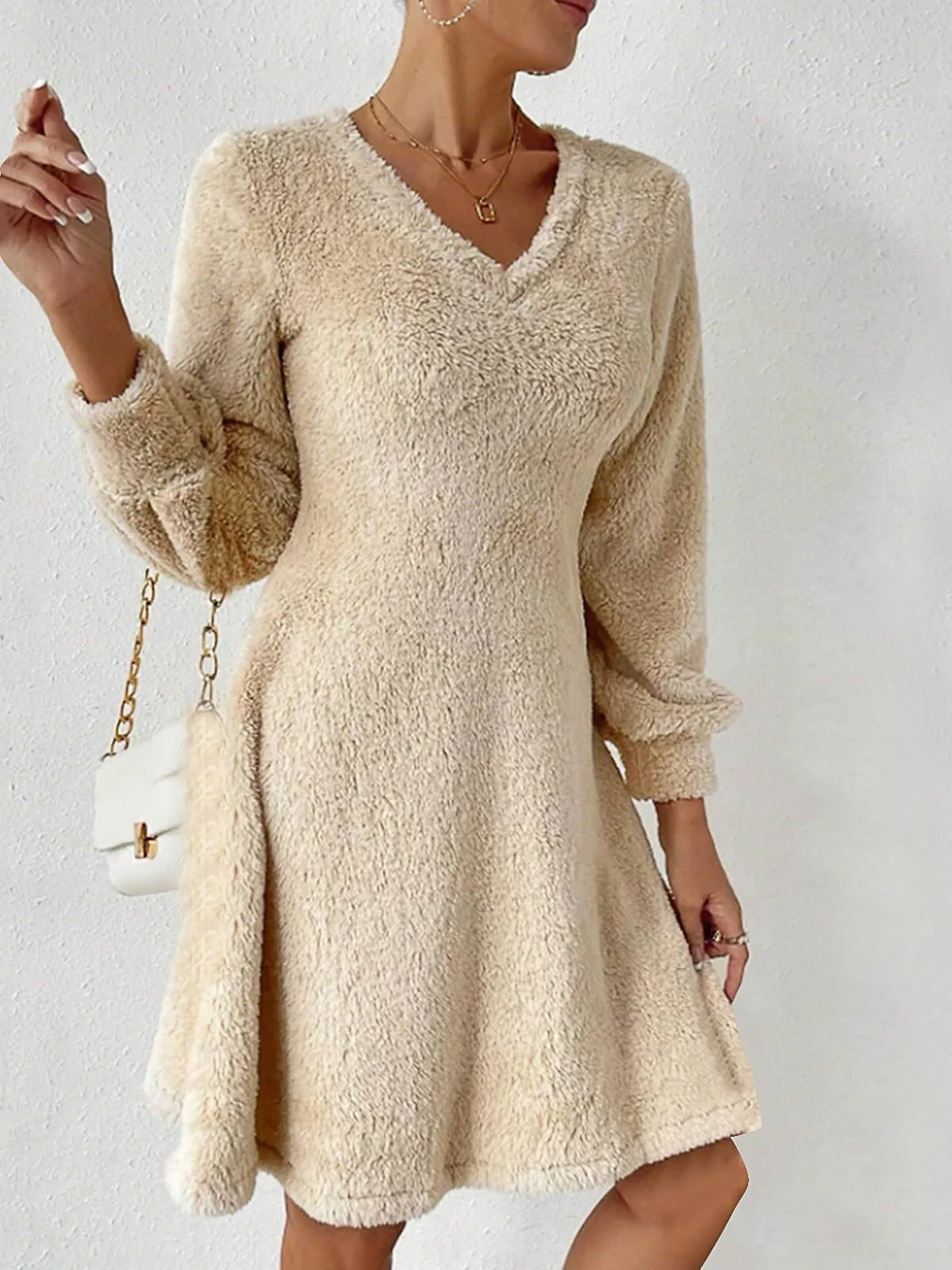 Damen Langarm Frühling/Herbst Unifarben Fluff/Granular-Fleece-Stoff Kleid V-Ausschnitt Täglich Ausgehen Lässig Midi H-Linie