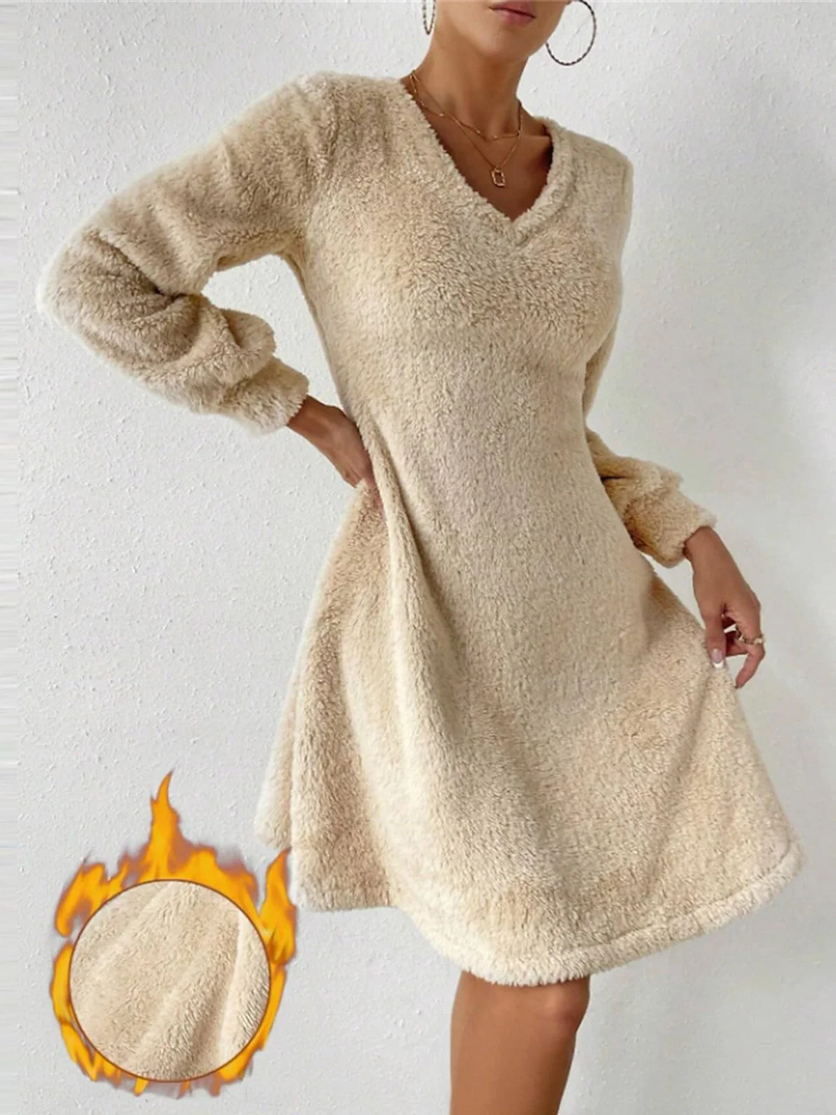 Damen Langarm Frühling/Herbst Unifarben Fluff/Granular-Fleece-Stoff Kleid V-Ausschnitt Täglich Ausgehen Lässig Midi H-Linie