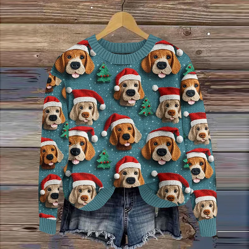 Damen Winter 3d Drucken Lässig Langarm Rundhals Strickpullover