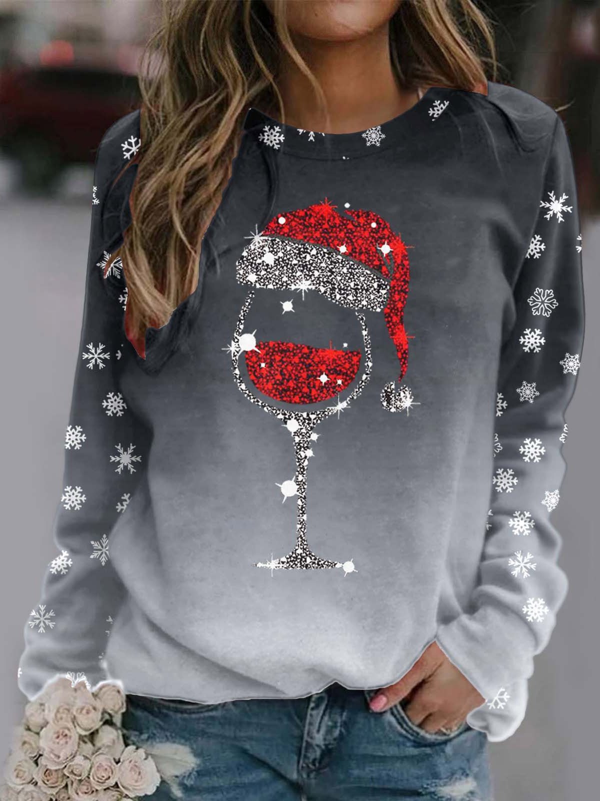 Damen Rundhals Weihnachten Wein Glas Lässig Frühling/Herbst Langarm Sweatshirt