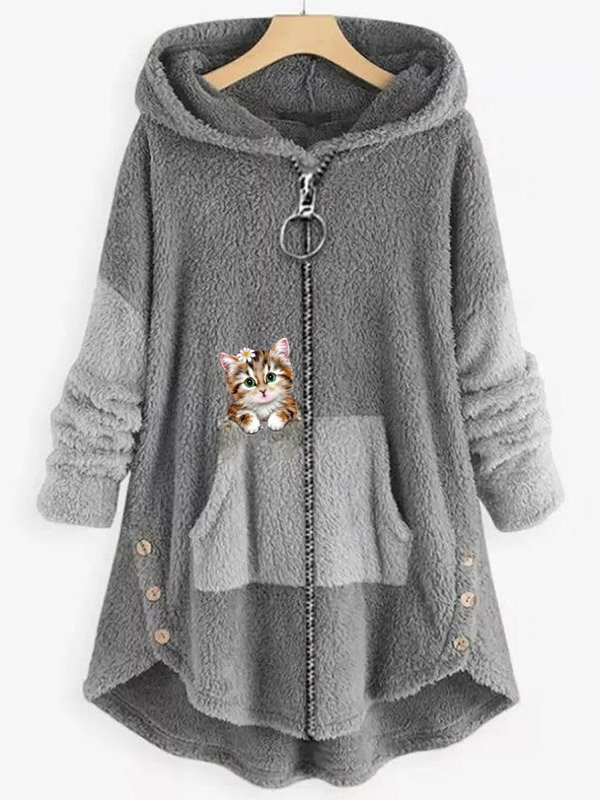 Damen Winter Oberbekleidung Fluff/Granular-Vlies-Stoff Lässig Stickerei Katze Langarm Kapuze Vlies Mantel