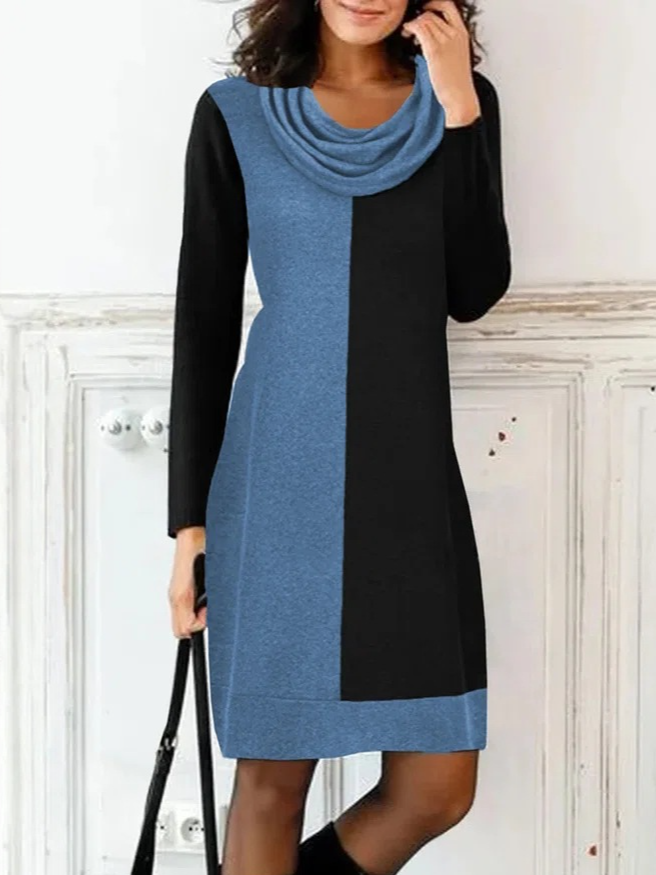 Damen Langarm Frühling/Herbst Farbblock Jersey Kleid Rollkragen Täglich Ausgehen Lässig Mini H-Linie Pullover