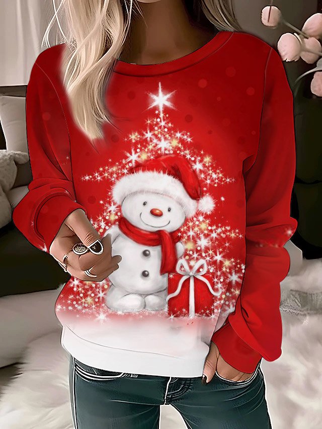 Damen Rundhals Weihnachtsschneemann Print Lässig Frühling/Herbst Langarm Sweatshirt