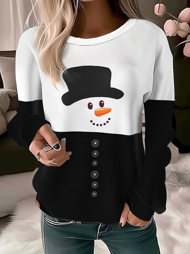 Damen Rundhals Weihnachtsschneemann Print Lässig Frühling/Herbst Langarm Sweatshirt