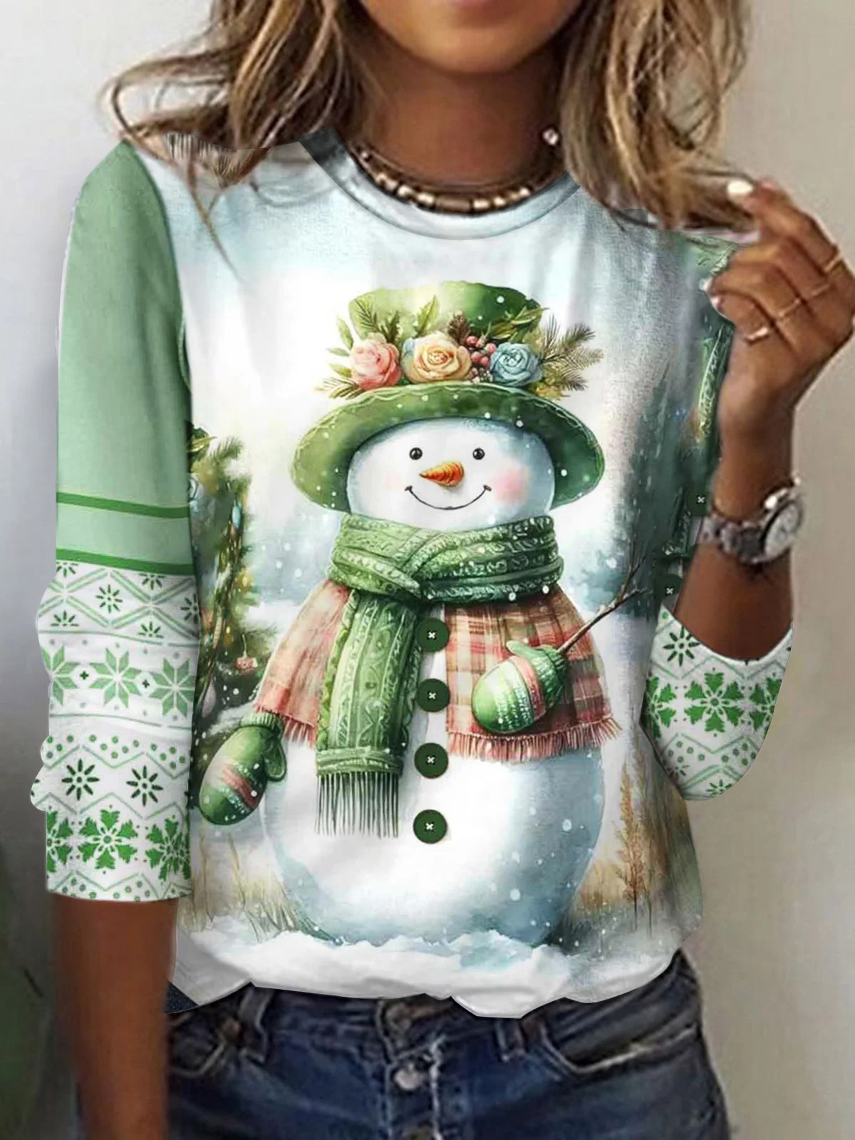 Damen Langarm T-Shirts T-Shirt Frühling/Herbst Weihnachtsschneemann Print Jersey Rundhals Urlaub Ausgehen Lässig Oberteile