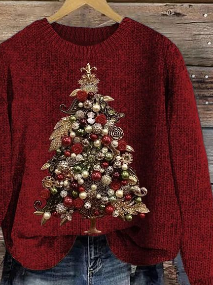 Damen Winter Weihnachtsbaum Lässig Langarm Rundhals Strickpullover