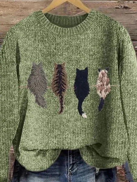 Damen Winter Katze Lässig Langarm Rundhals Strickpullover