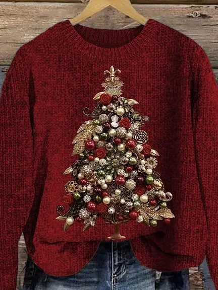 Damen Winter Weihnachtsbaum Lässig Langarm Rundhals Strickpullover