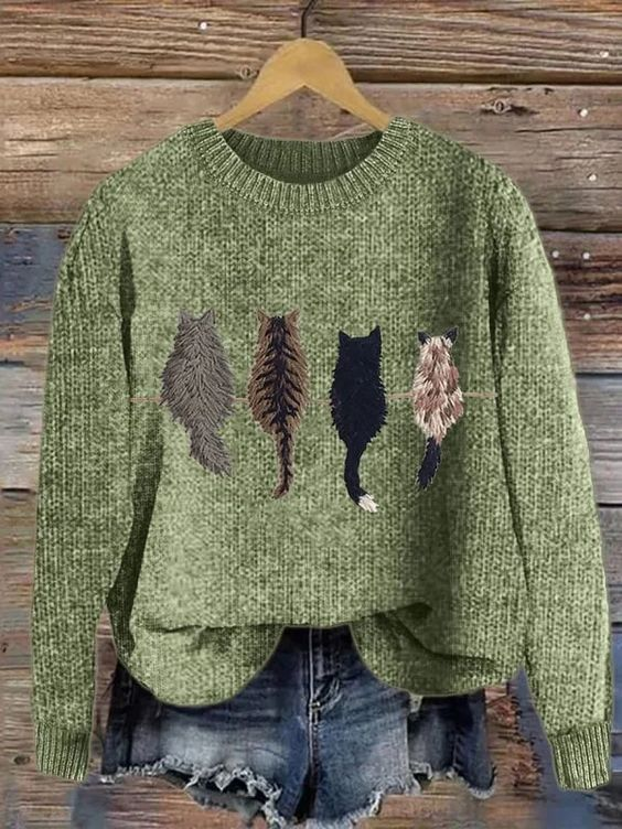 Damen Winter Katze Lässig Langarm Rundhals Strickpullover