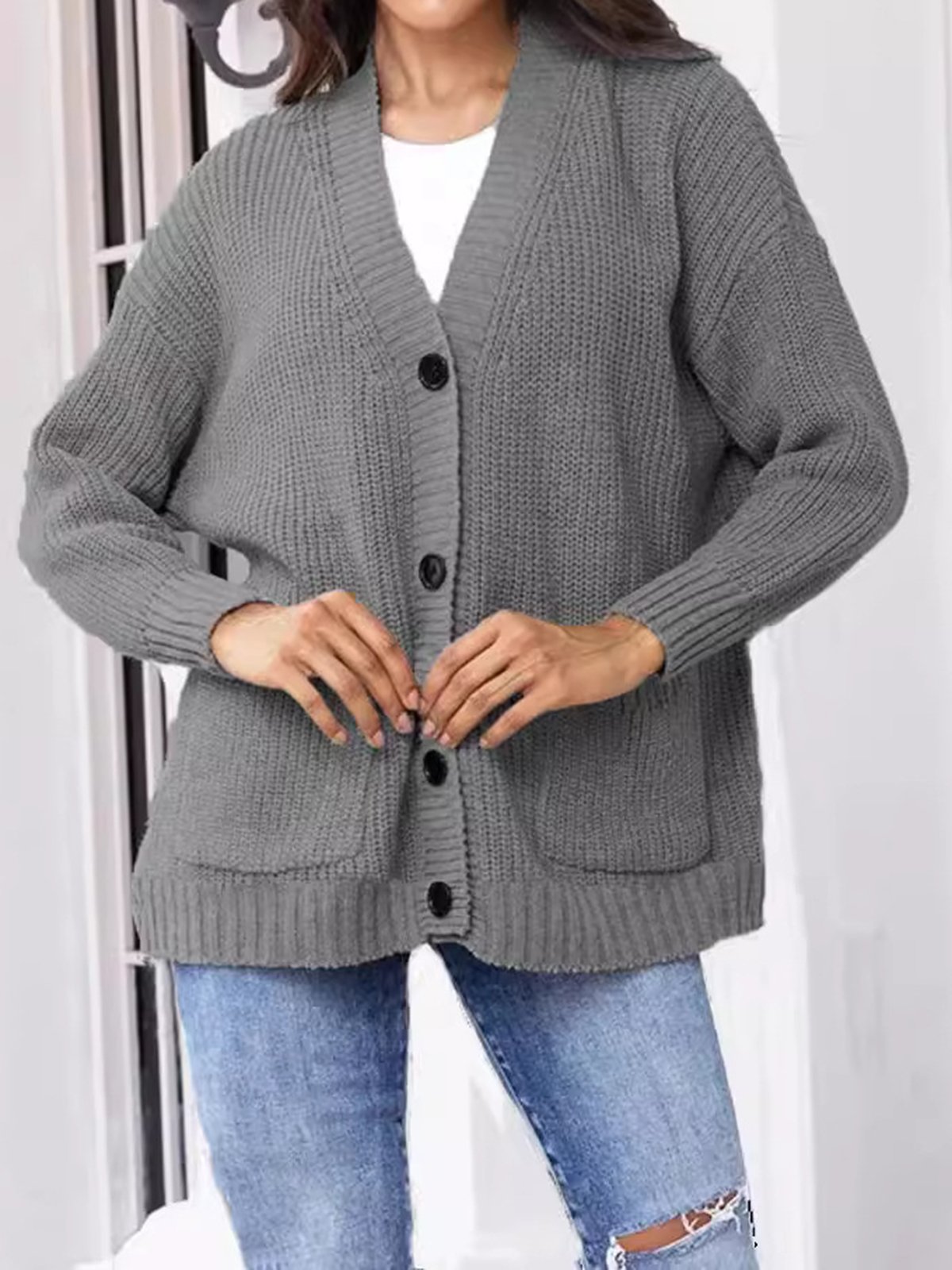 Damen Lässig Winter Unifarben Wolle/Stricken Tasche Patchwork Strickjacke