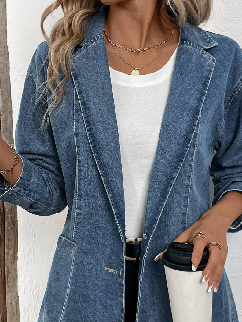 Damen Herbst Oberbekleidung Lässig Denim Unifarben Langarm Schalkragen Jacke