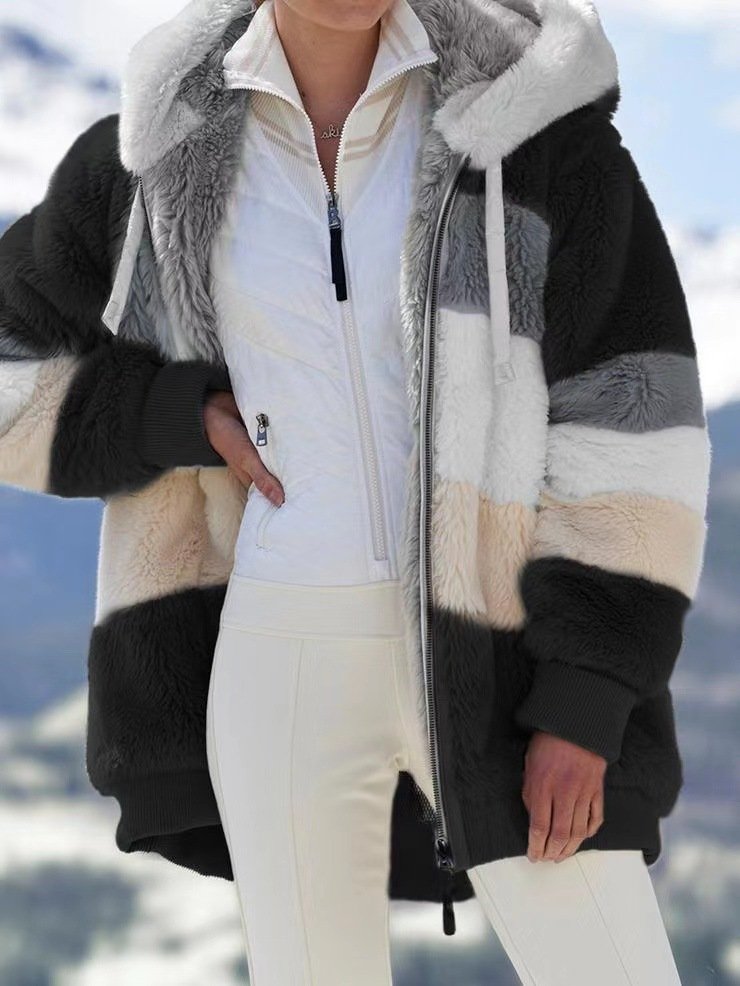 Winter Jacken Damen Verdicken Vlies Teddy Mantel Kontrastnaht Langarm Kapuze Coat