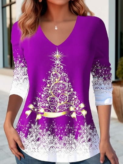 Damen Langarm Bluse Frühling/Herbst Weihnachten Warmbohren Jersey V-Ausschnitt Täglich Ausgehen Lässig Oberteile