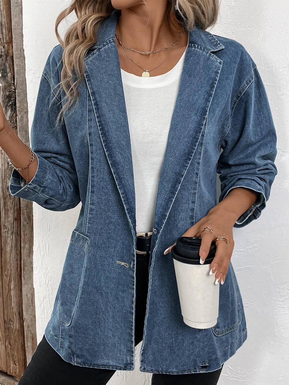 Damen Herbst Oberbekleidung Lässig Denim Unifarben Langarm Schalkragen Jacke