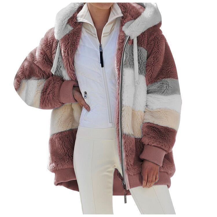 Winter Jacken Damen Verdicken Vlies Teddy Mantel Kontrastnaht Langarm Kapuze Coat