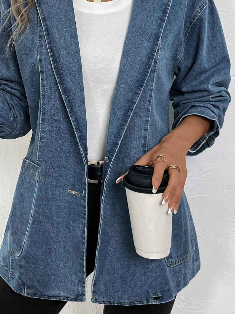 Damen Herbst Oberbekleidung Lässig Denim Unifarben Langarm Schalkragen Jacke