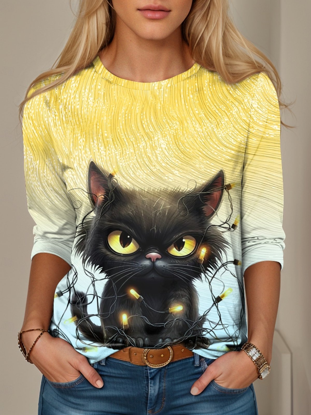 Damen Langarm T-Shirts T-Shirt Frühling/Herbst Katze Print Jersey Rundhals Täglich Ausgehen Lässig Oberteile