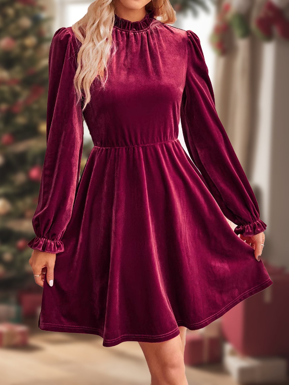 Damen Langarm Frühling/Herbst Unifarben Kleid Urlaub Ausgehen Elegant Midi H-Linie