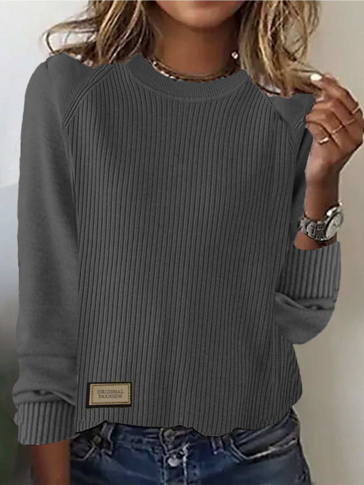 Damen Frühling/Herbst Unifarben Lässig Langarm Rundhals Garn/Wollgarn Pullover