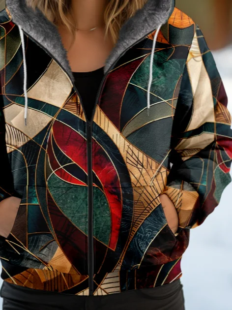 Damen Herbst Oberbekleidung Lässig Geometrisch Langarm Kapuze Jacke