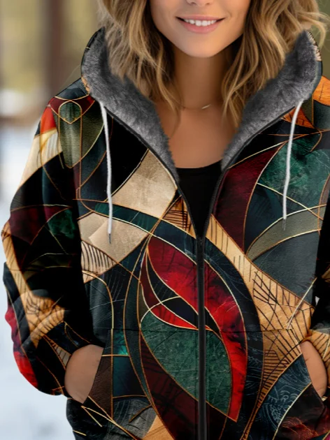 Damen Herbst Oberbekleidung Lässig Geometrisch Langarm Kapuze Jacke