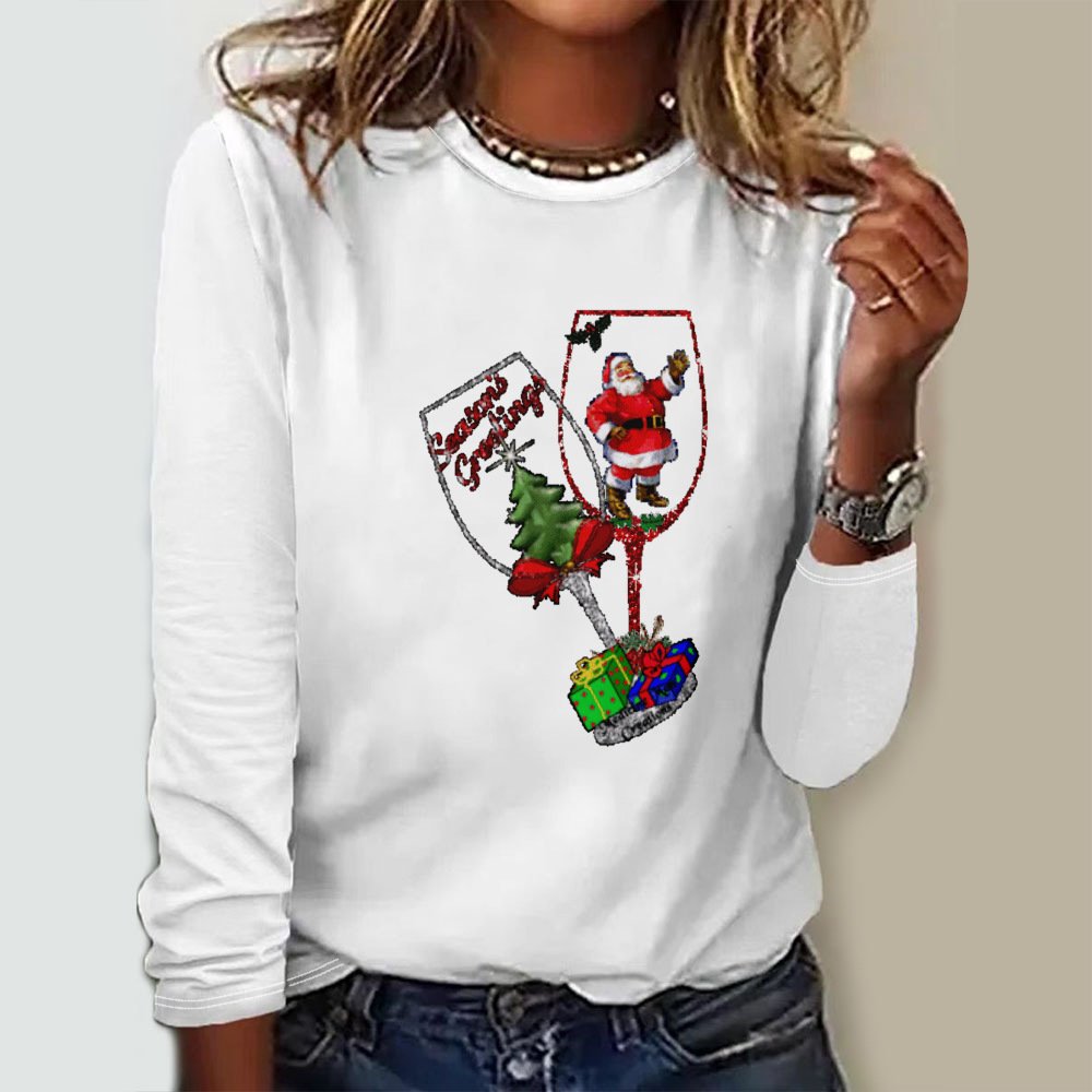 Damen Langarm T-Shirts T-Shirt Frühling/Herbst Weihnachten Wein Glas Jersey Rundhals Täglich Ausgehen Lässig Oberteile