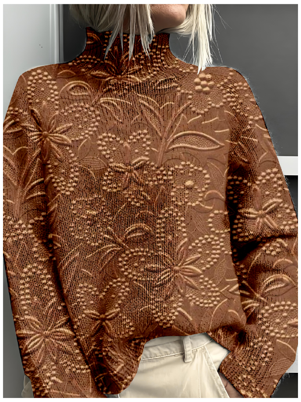 Damen Mock Neck 3d Drucken Retro Frühling/Herbst Langarm Sweatshirt