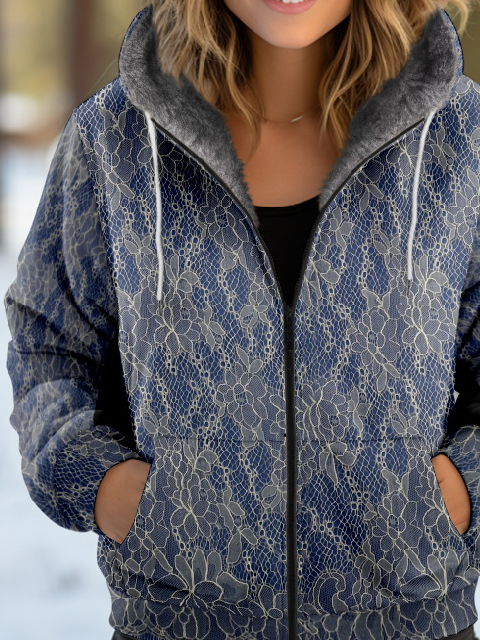 Damen Herbst Oberbekleidung Lässig Geblümt Langarm Kapuze Jacke