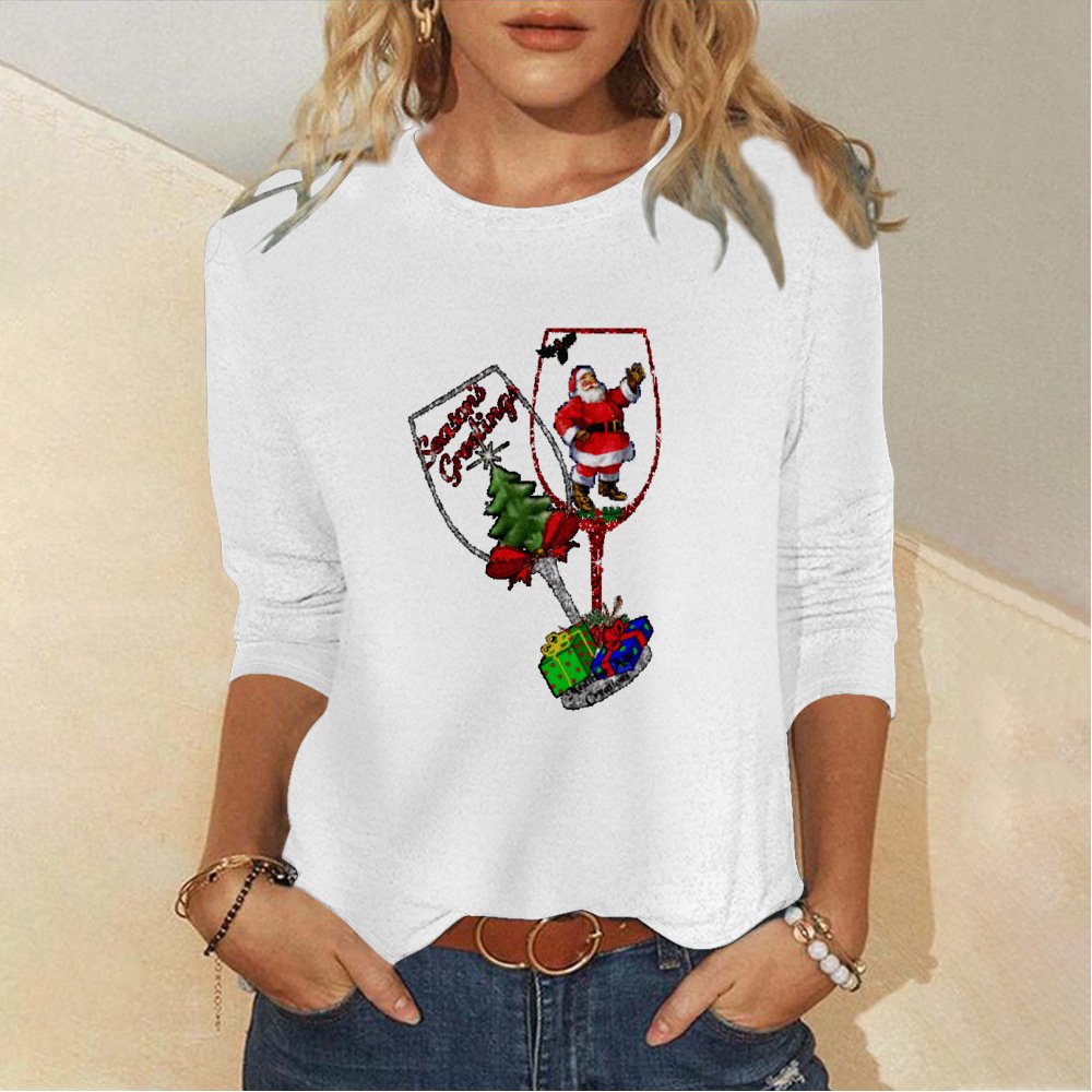 Damen Langarm T-Shirts T-Shirt Frühling/Herbst Weihnachten Wein Glas Jersey Rundhals Täglich Ausgehen Lässig Oberteile