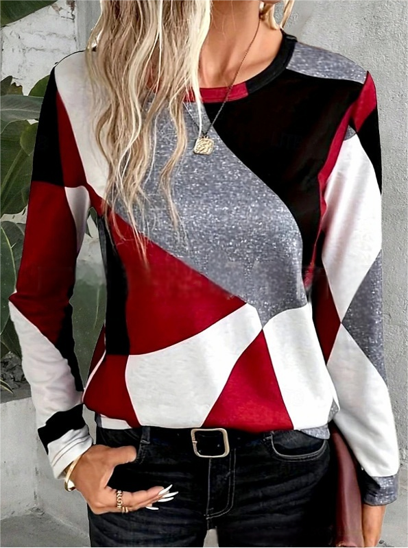 Damen Langarm T-Shirts T-Shirt Frühling/Herbst Multifarben Block Rundhals Täglich Ausgehen Lässig Oberteile
