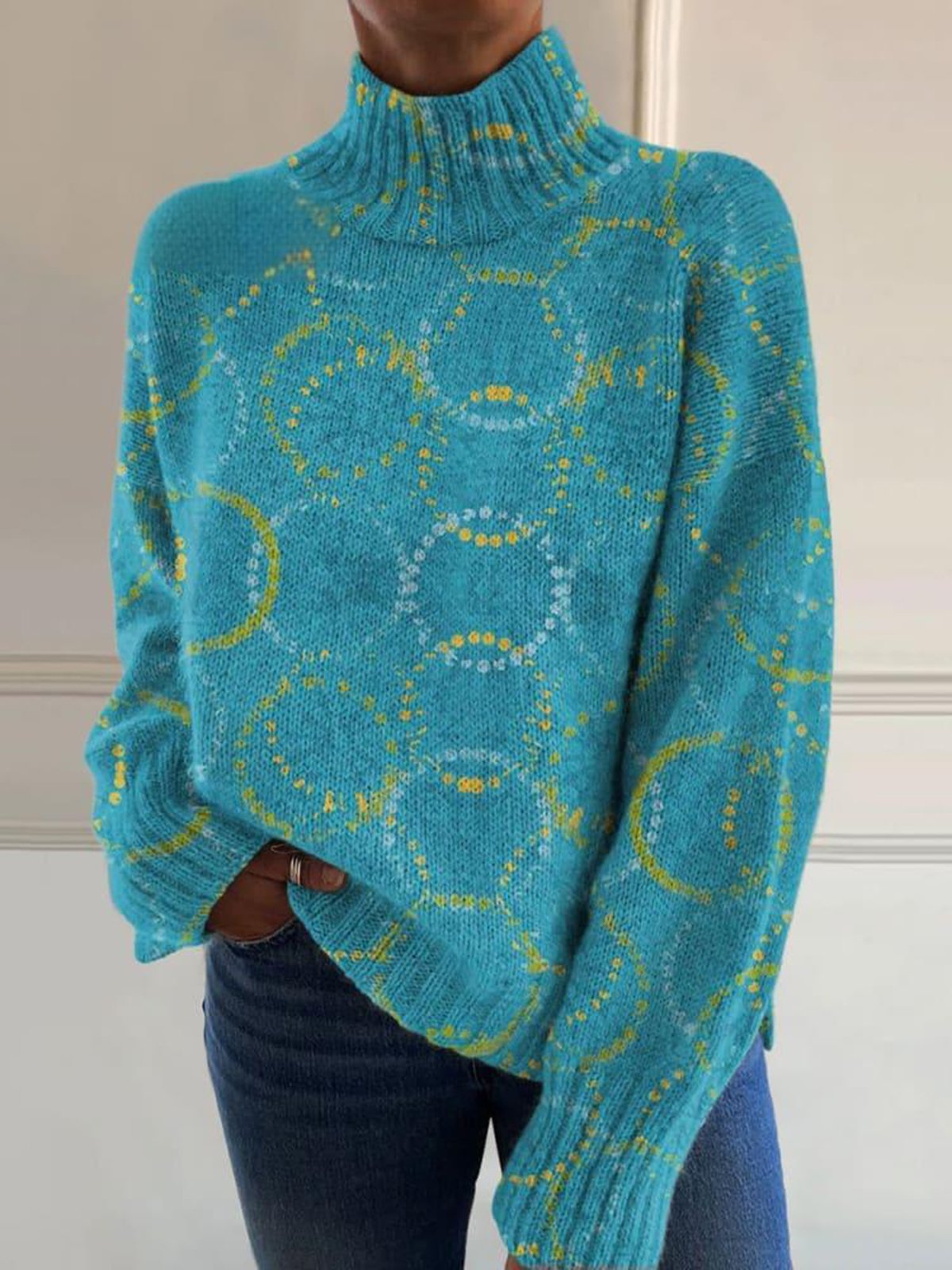 Damen Winter Geblümt Lässig Langarm Stehkragen Wolle/Stricken Pullover