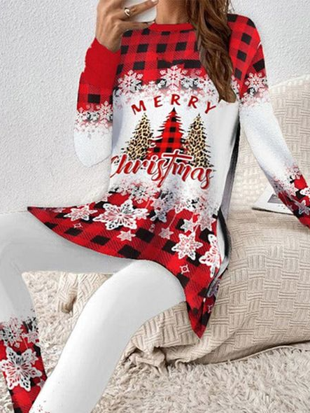 Damen Jersey Weihnachten Täglich Ausgehen Zwei Stücke Set Langarm Lässig Frühling/Herbst Bluse mit Hose Matching Set