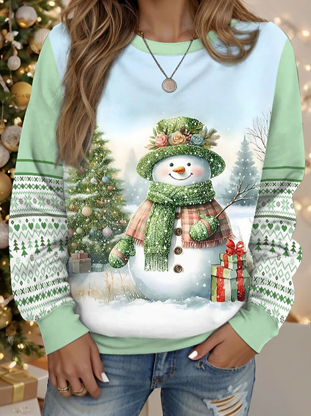 Damen Rundhals Weihnachtsschneemann Lässig Frühling/Herbst Langarm Sweatshirt